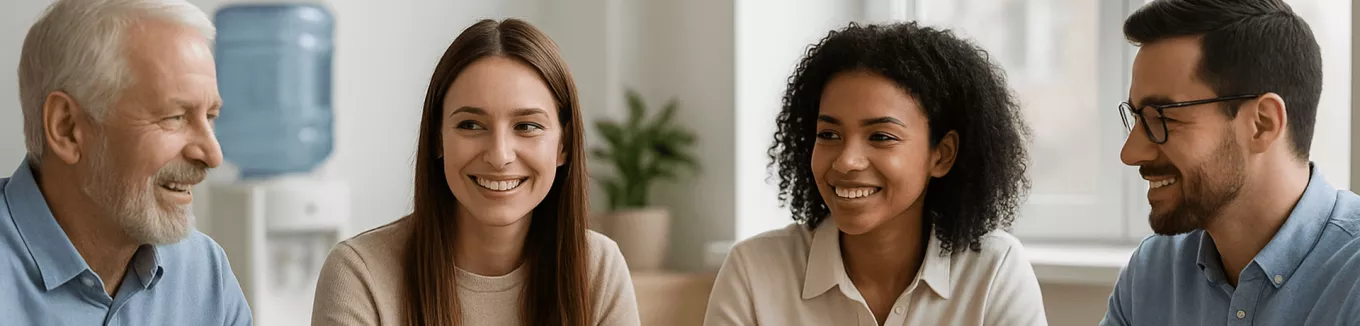 Dwie kobiety uśmiechające się podczas przerwy w pracy w biurze - pluxee.pl 