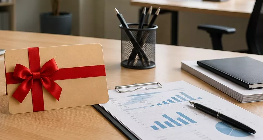 Karta podarunkowa z czerwoną kokardą obok raportu finansowego – benefit pracowniczy i rozliczenie podatkowe