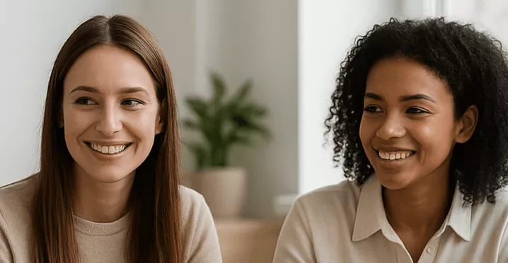 Dwie kobiety uśmiechające się podczas przerwy w pracy w biurze - pluxee.pl