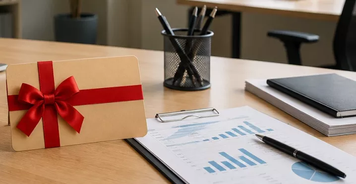 Karta podarunkowa z czerwoną kokardą obok raportu finansowego – benefit pracowniczy i rozliczenie podatkowe 
