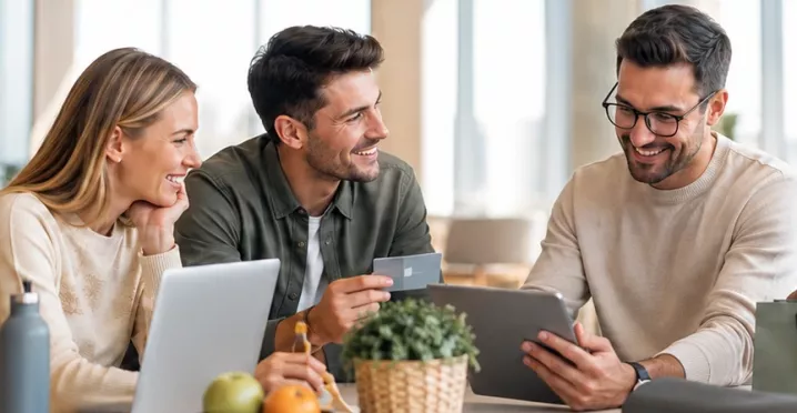 System kafeteryjny Pluxee – pracownicy sprawdzają dostępne benefity pracownicze na tablecie i laptopie 