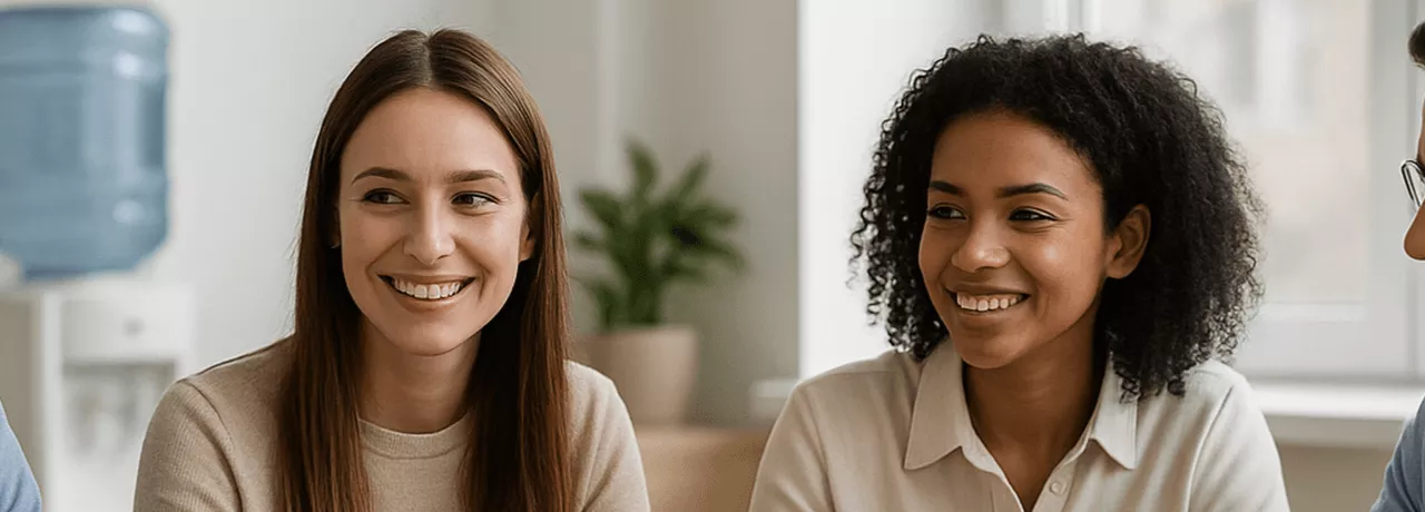 Dwie kobiety uśmiechające się podczas przerwy w pracy w biurze - pluxee.pl