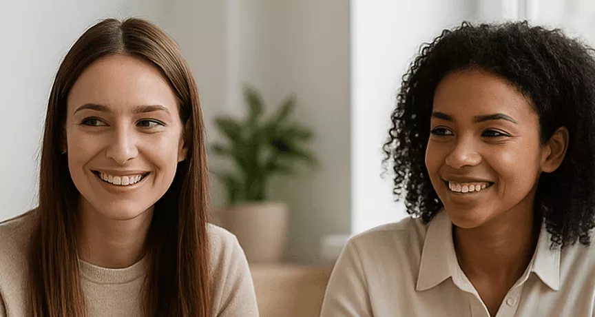 Dwie kobiety uśmiechające się podczas przerwy w pracy w biurze - pluxee.pl