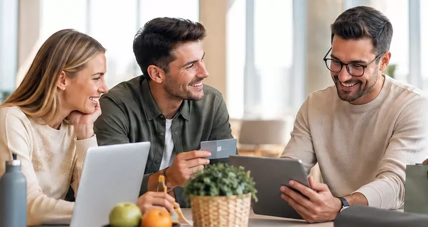 System kafeteryjny Pluxee – pracownicy sprawdzają dostępne benefity pracownicze na tablecie i laptopie 