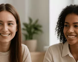 Dwie kobiety uśmiechające się podczas przerwy w pracy w biurze - pluxee.pl