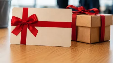 Karta podarunkowa dla pracownika z czerwoną kokardą obok zapakowanego prezentu 