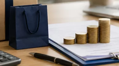 Stos monet rosnący obok dokumentów i granatowej torby na prezent, symbolizujący podatek od nagród i benefitów pracowniczych