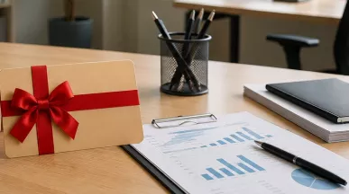 Karta podarunkowa z czerwoną kokardą obok raportu finansowego – benefit pracowniczy i rozliczenie podatkowe 